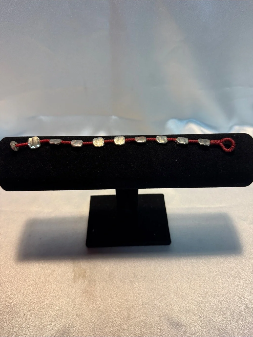 Source Unknown Red Cord Bracelet with Chunky Silver Beads